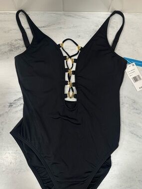 Bleu Rod Beattie Black One-Piece Swimsuit with Gold Ring Front Detail